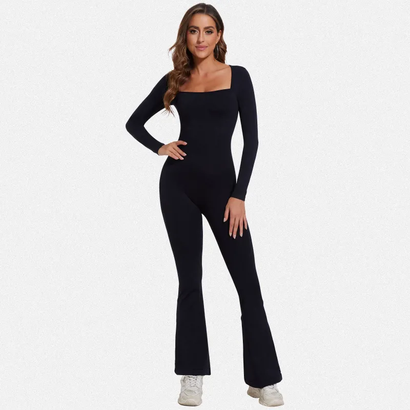 Shaperin Long Sleeve Suqare Neck Flared Leggings Workout Unitard Jumpsuit sold by Shaperin