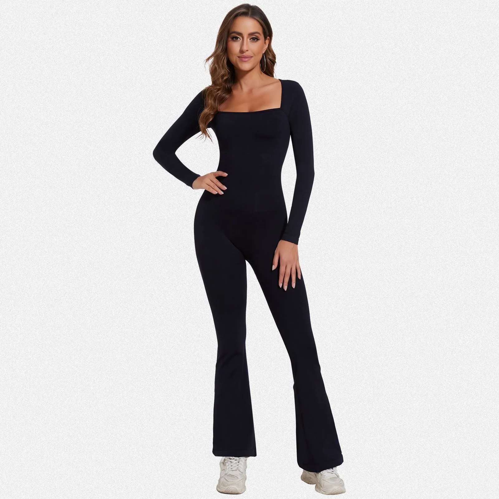 Shaperin Long Sleeve Suqare Neck Flared Leggings Workout Unitard Jumpsuit sold by Shaperin