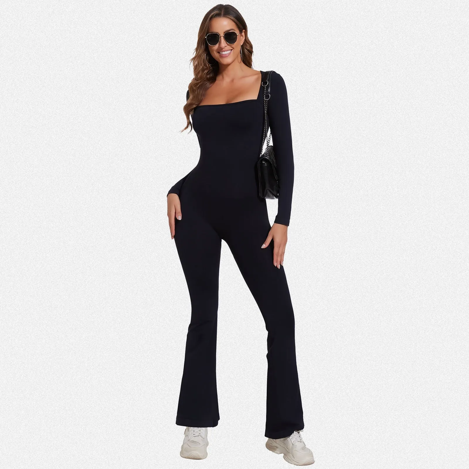 Shaperin Long Sleeve Suqare Neck Flared Leggings Workout Unitard Jumpsuit sold by Shaperin product image thumbnail 4