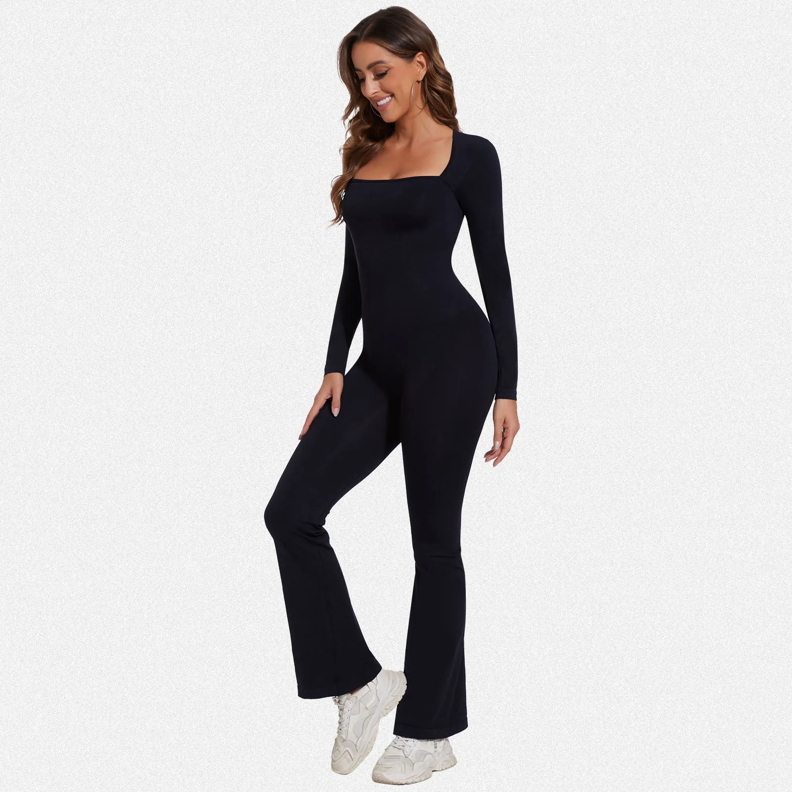 Shaperin Long Sleeve Suqare Neck Flared Leggings Workout Unitard Jumpsuit sold by Shaperin product image thumbnail 2