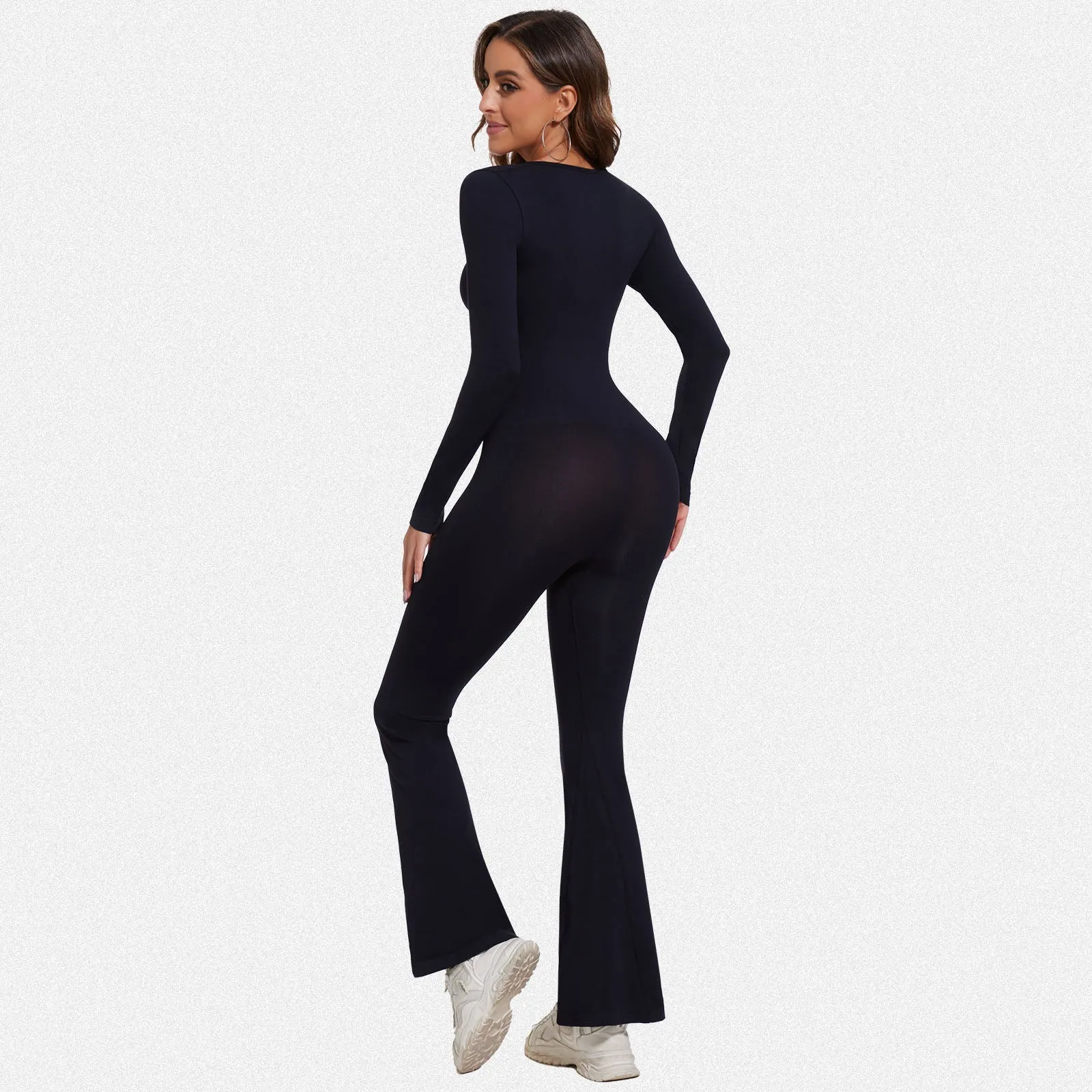 Shaperin Long Sleeve Suqare Neck Flared Leggings Workout Unitard Jumpsuit sold by Shaperin product image thumbnail 3