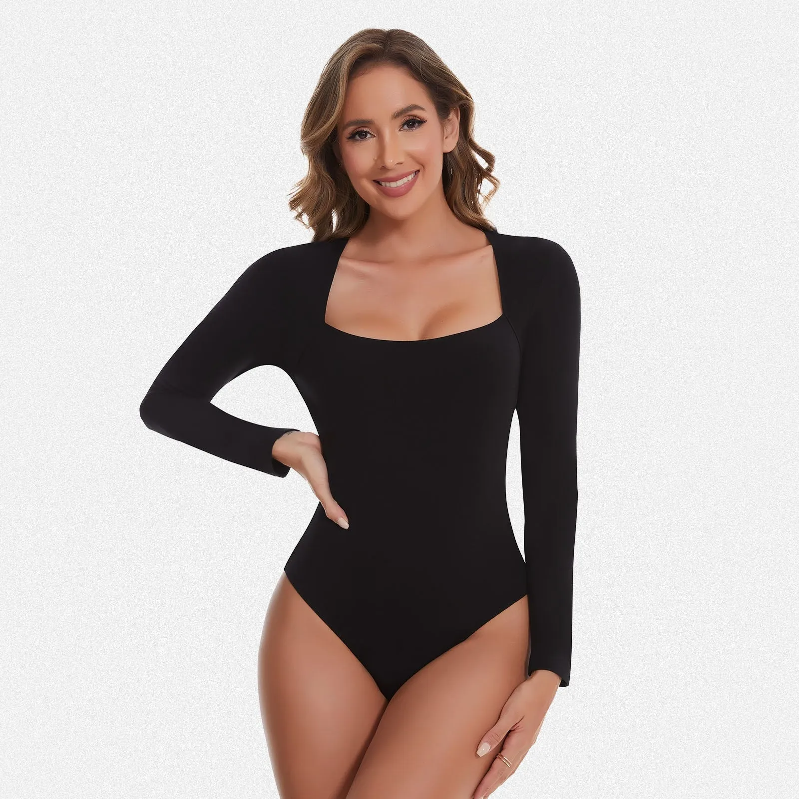 Shaperin Long Sleeve Curved Square Neck Bodysuit Top sold by Shaperin