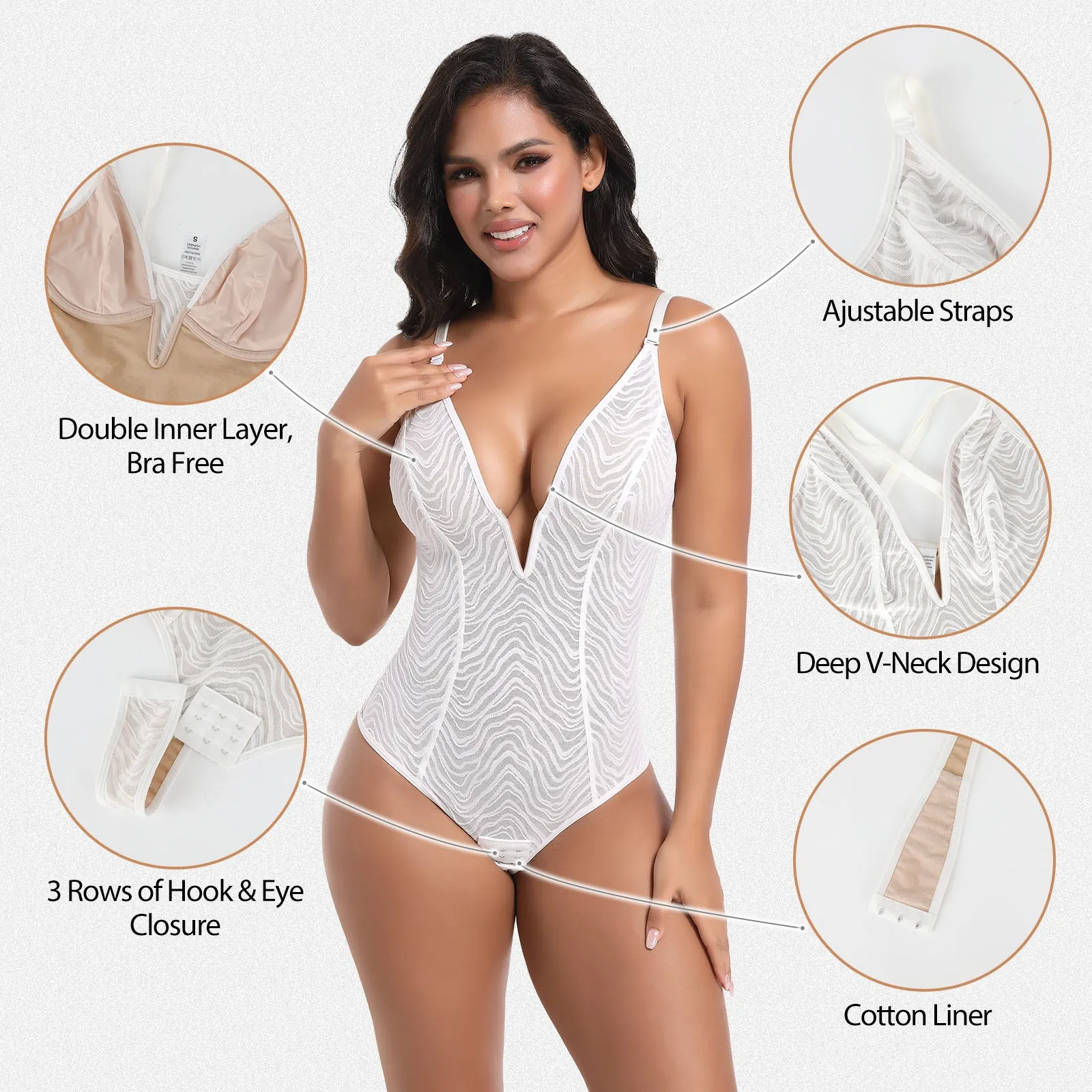 Shaperin Zebra Lace Bodysuit Deep V Shapewear Thong sold by Shaperin product image thumbnail 3