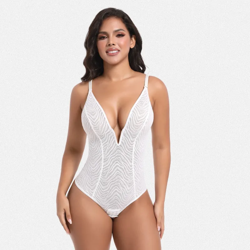 Shaperin Zebra Lace Bodysuit Deep V Shapewear Thong sold by Shaperin
