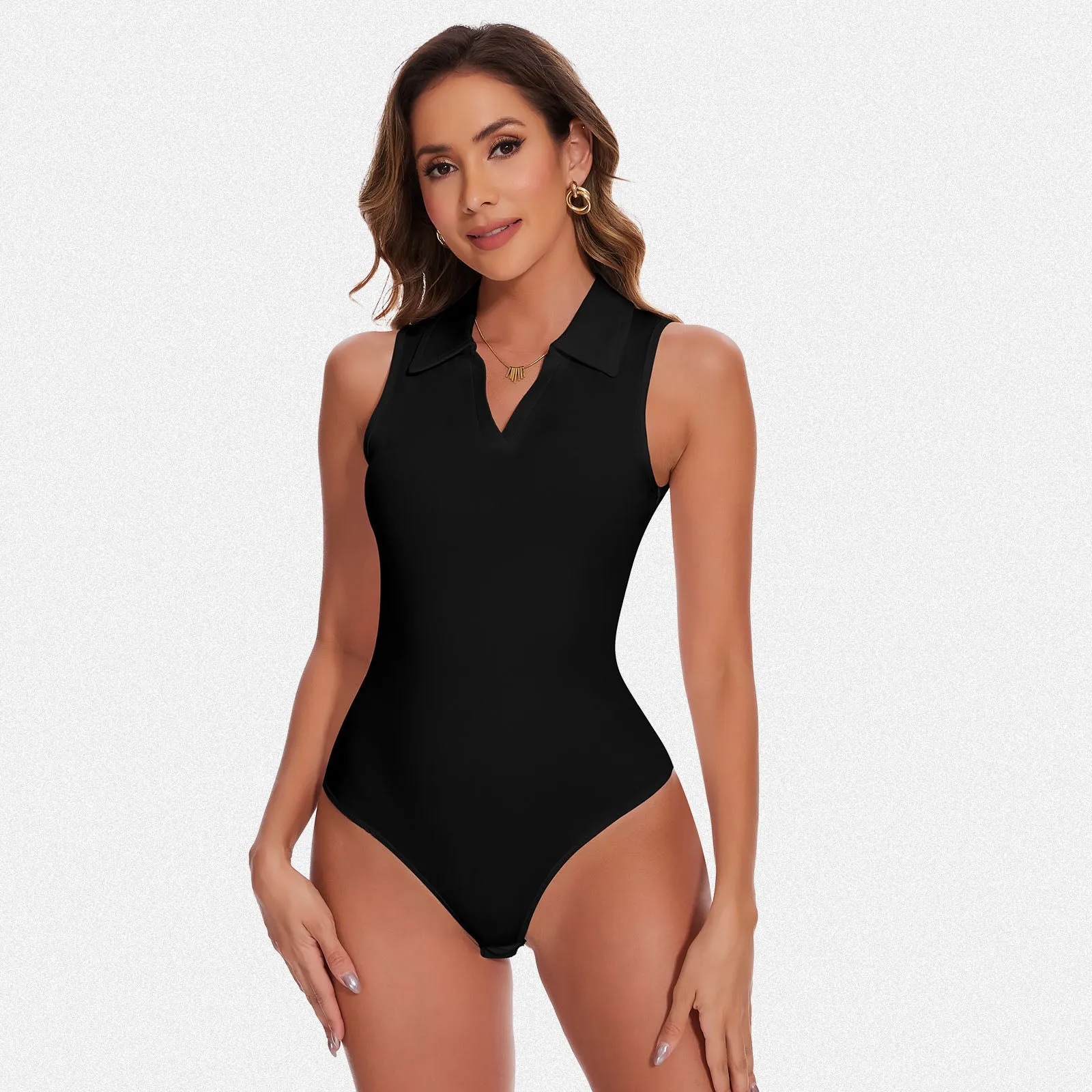 Shaperin V Neck Polo Sleeveless Bodysuit Tops sold by Shaperin product image thumbnail 2