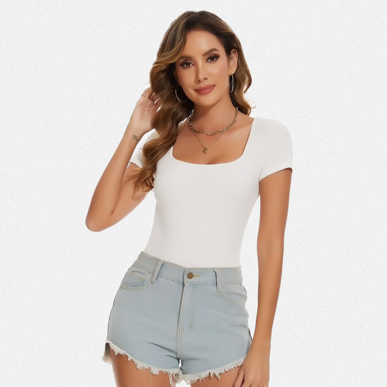 Shaperin Square Neck Short Sleeve Bodysuit Tops sold by Shaperin product image thumbnail 4