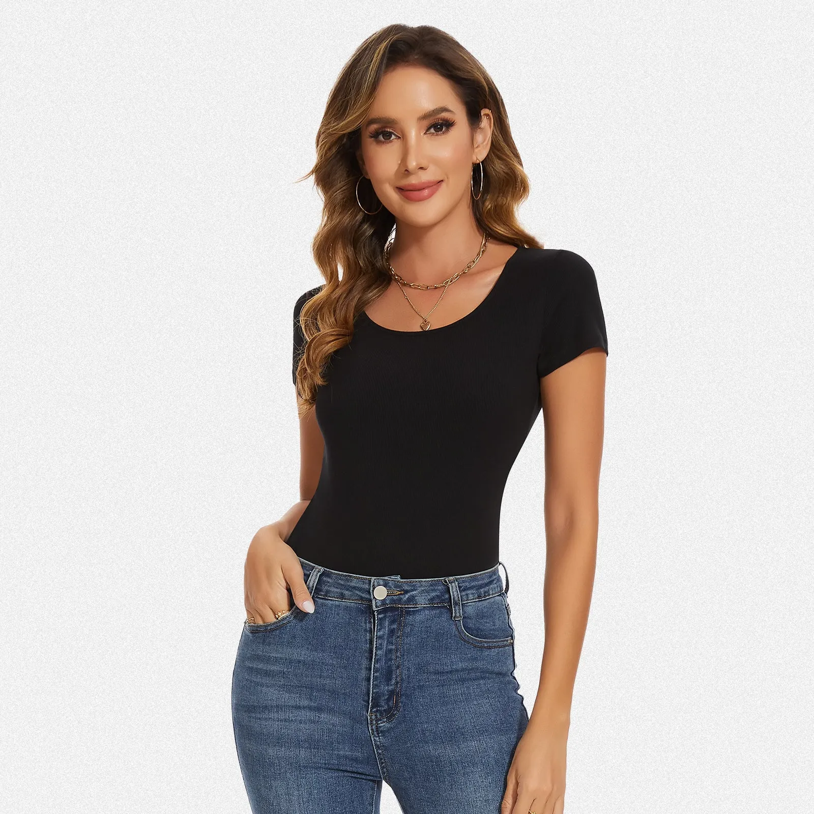 Shaperin Round Neck Short Sleeve Bodysuit Tops sold by Shaperin product image thumbnail 4