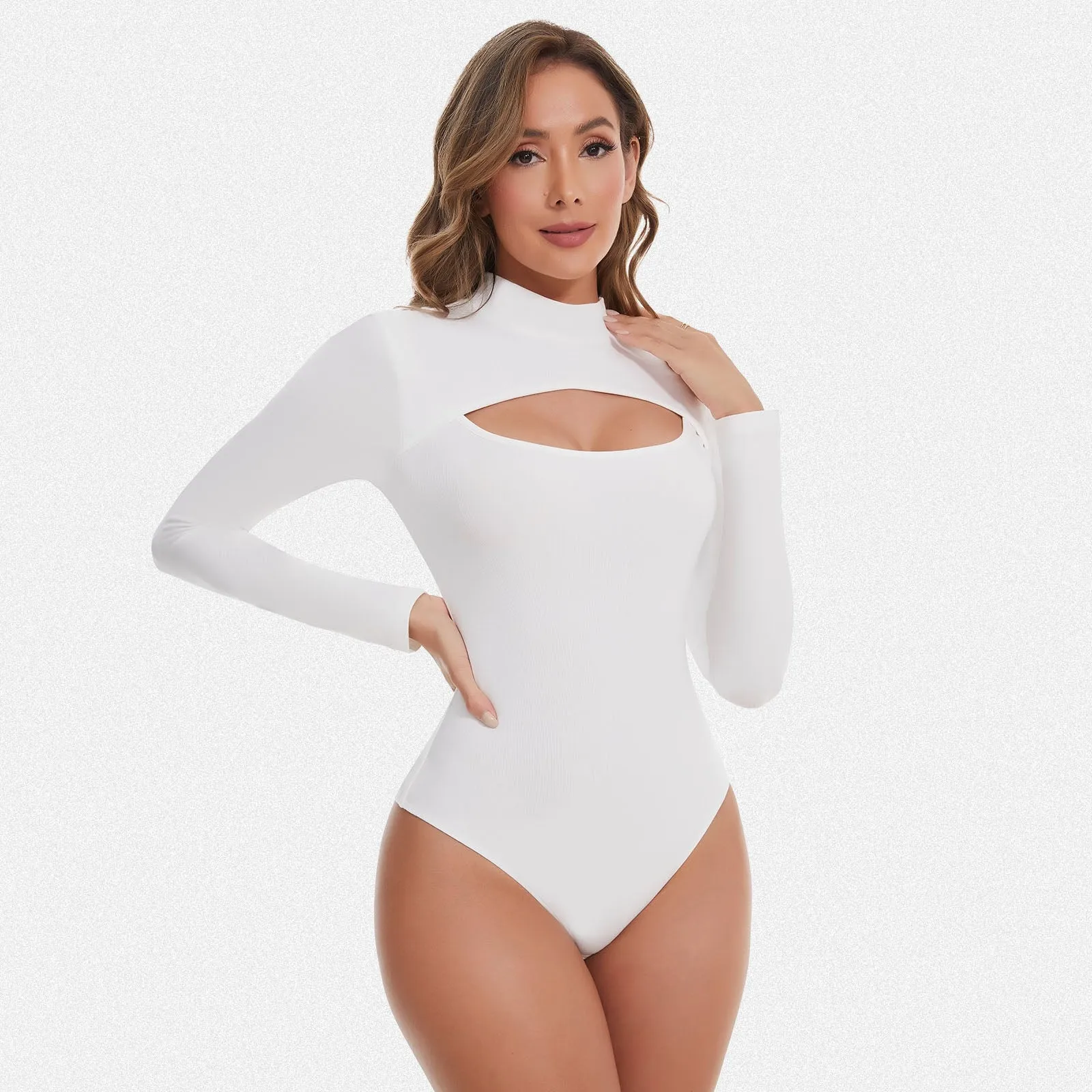 Shaperin Long Sleeve Cut Out Front Bodysuit Top sold by Shaperin