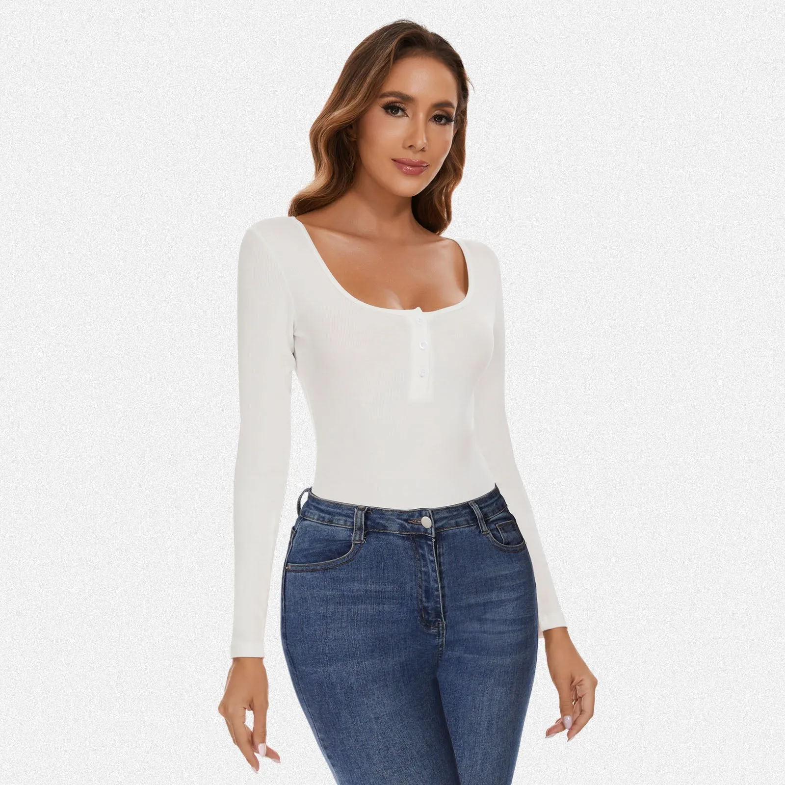 Shaperin Henley Shirt Square Neck Button Long Sleeve Bodysuit Top sold by Shaperin product image thumbnail 4