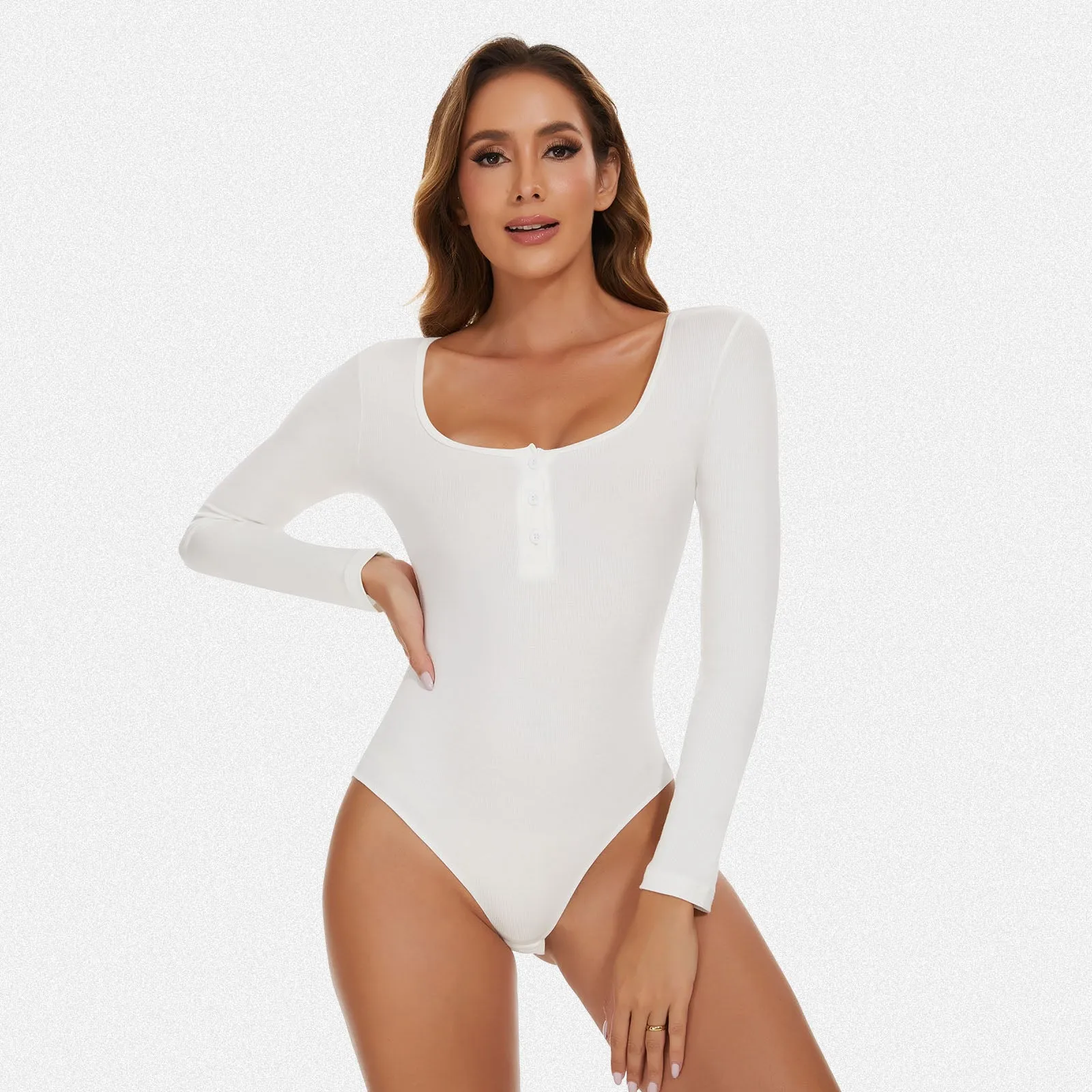 Shaperin Henley Shirt Square Neck Button Long Sleeve Bodysuit Top sold by Shaperin