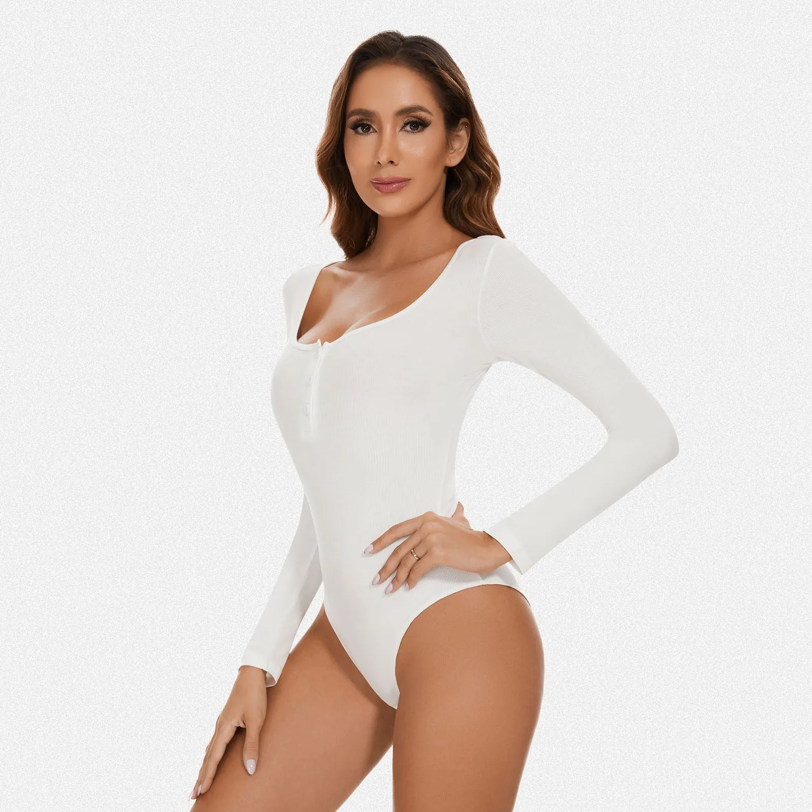 Shaperin Henley Shirt Square Neck Button Long Sleeve Bodysuit Top sold by Shaperin product image thumbnail 2