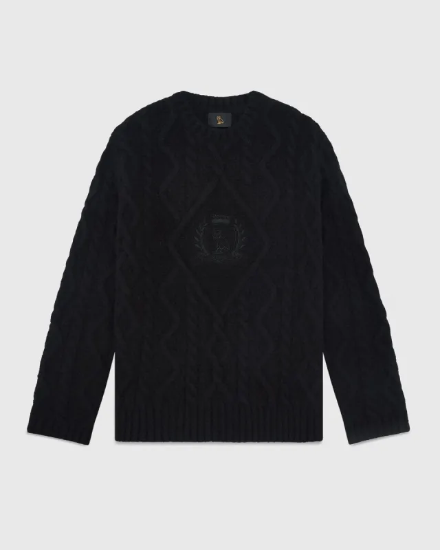 Cable Knit Sweater With Crest - Black sold by OVO
