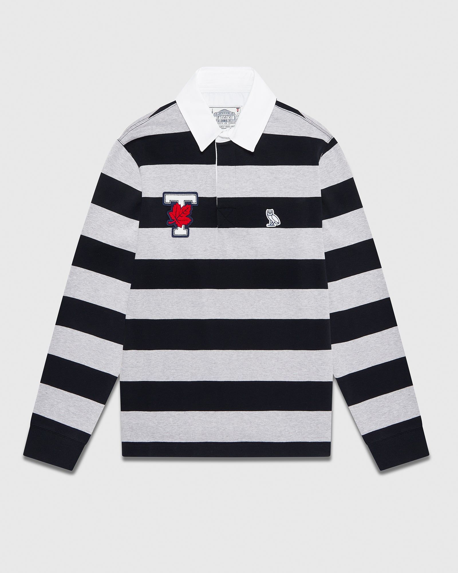 U OF T STRIPED RUGBY POLO - NAVY/HEATHER GREY sold by OVO