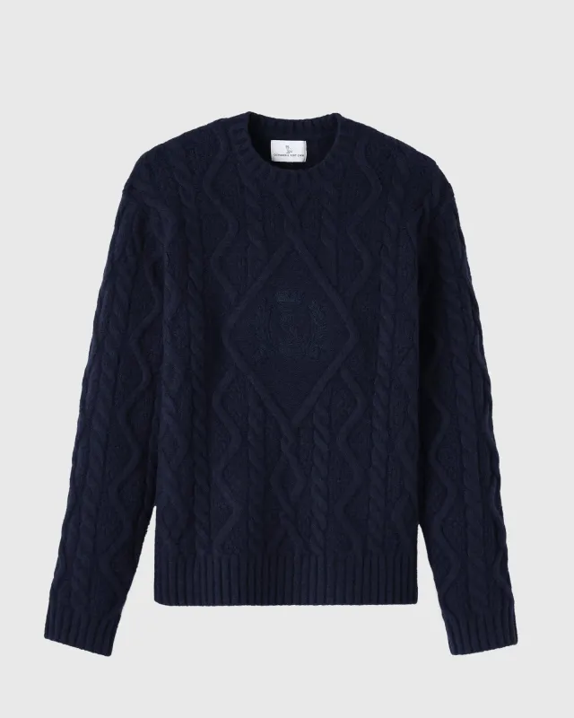 Cable Knit Sweater With Crest - Navy sold by OVO