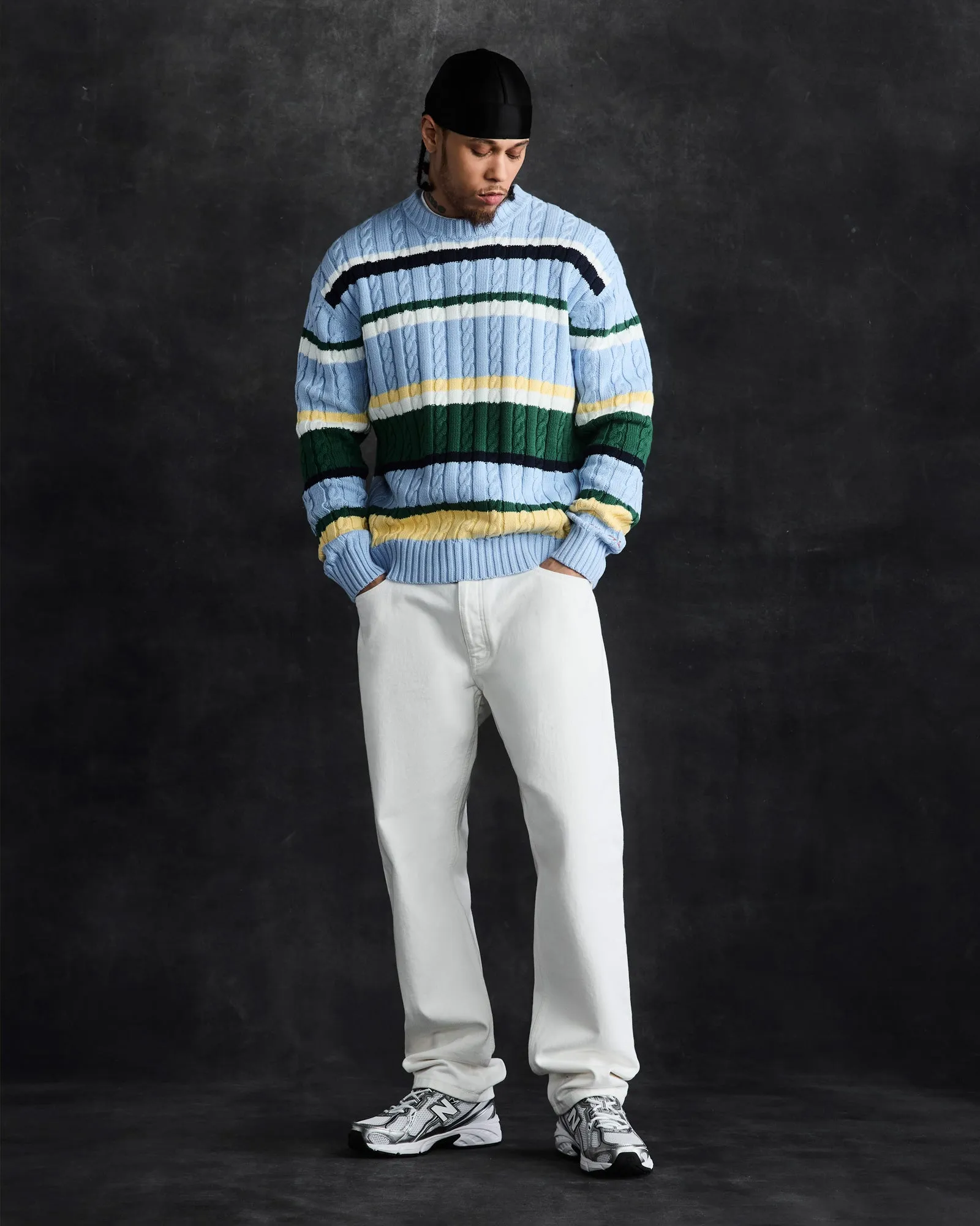 Script Wordmark Stripe Cable Knit Sweater - Light Blue/Multi sold by OVO product image thumbnail 2
