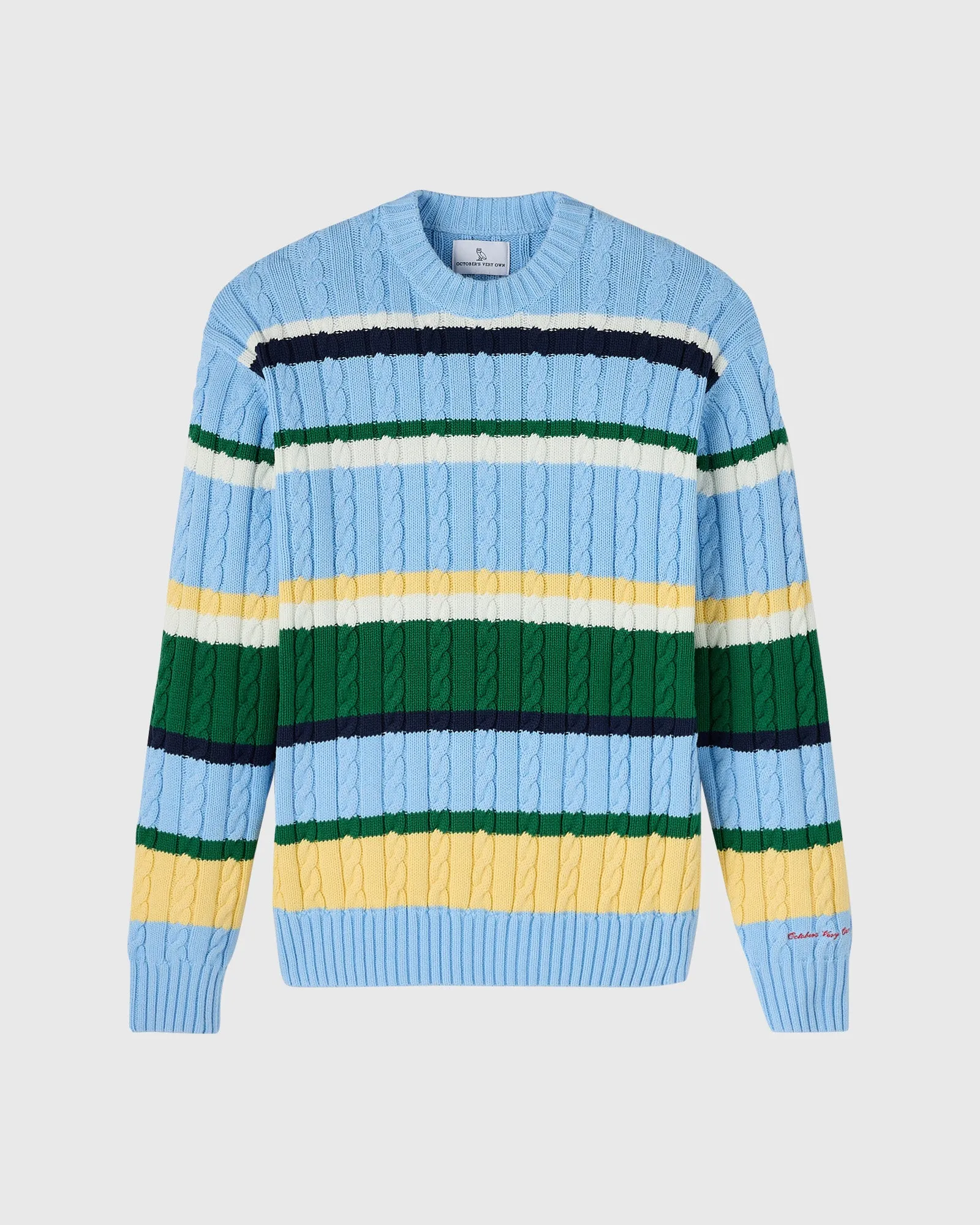Script Wordmark Stripe Cable Knit Sweater - Light Blue/Multi sold by OVO