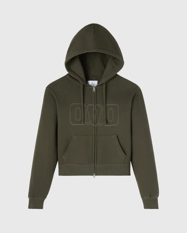 Contrast-Stitch Full-Zip Hoodie - Olive sold by OVO