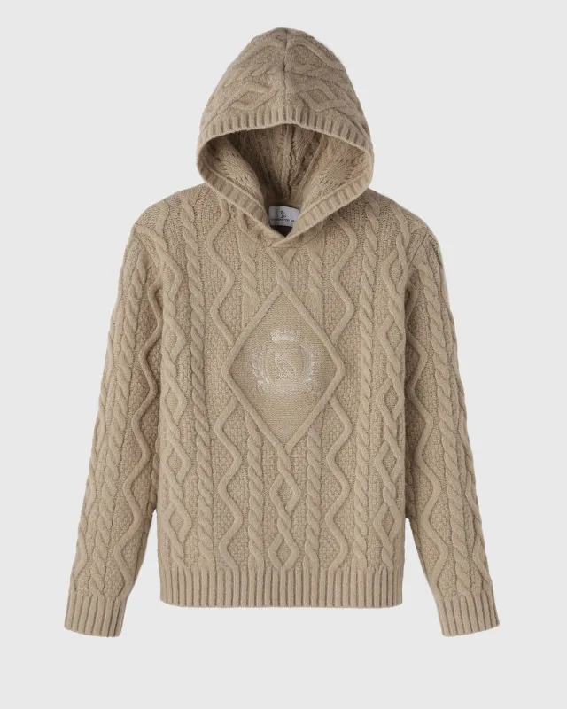 Cable Knit Hoodie With Crest - Camel sold by OVO