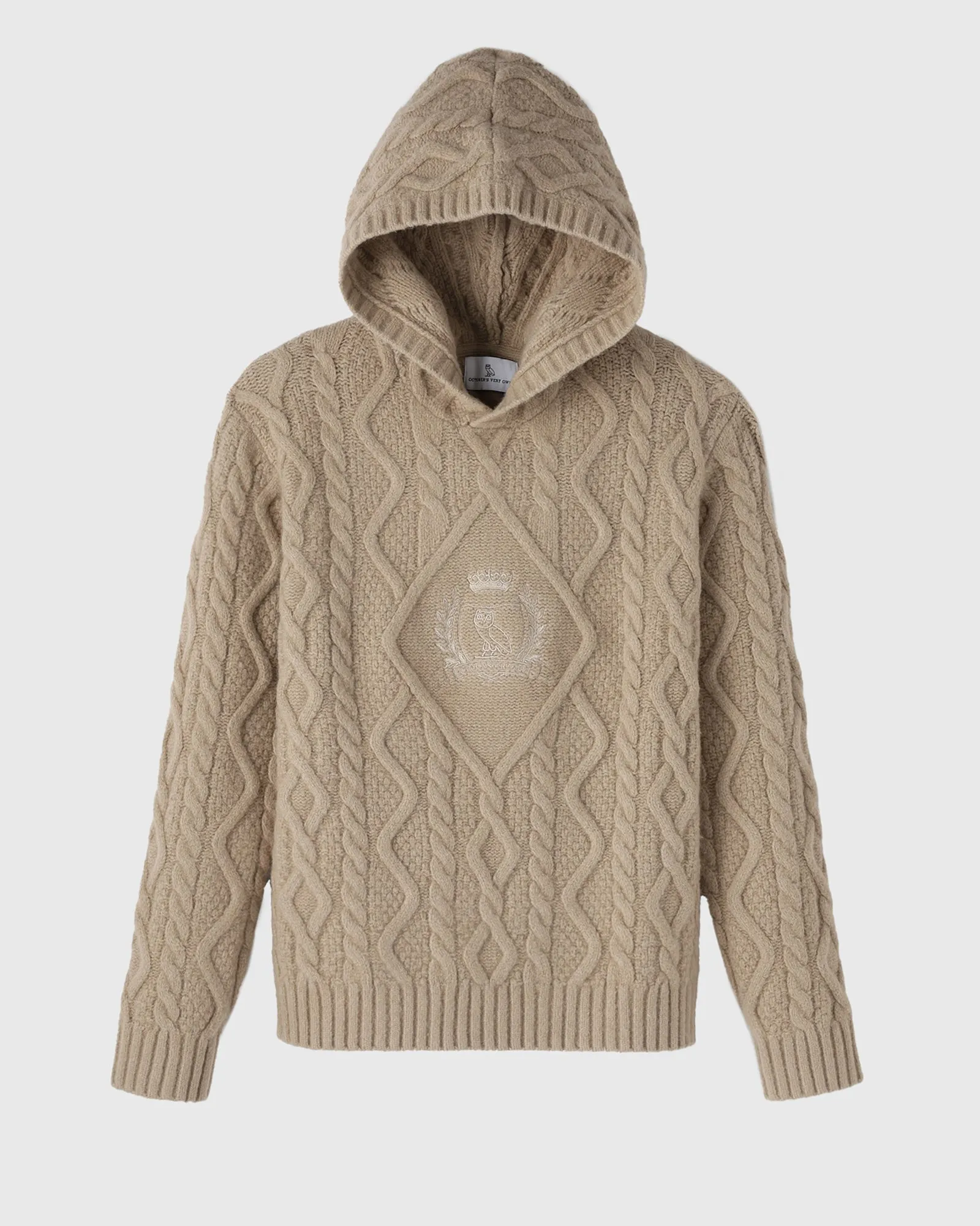 Cable Knit Hoodie With Crest - Camel sold by OVO