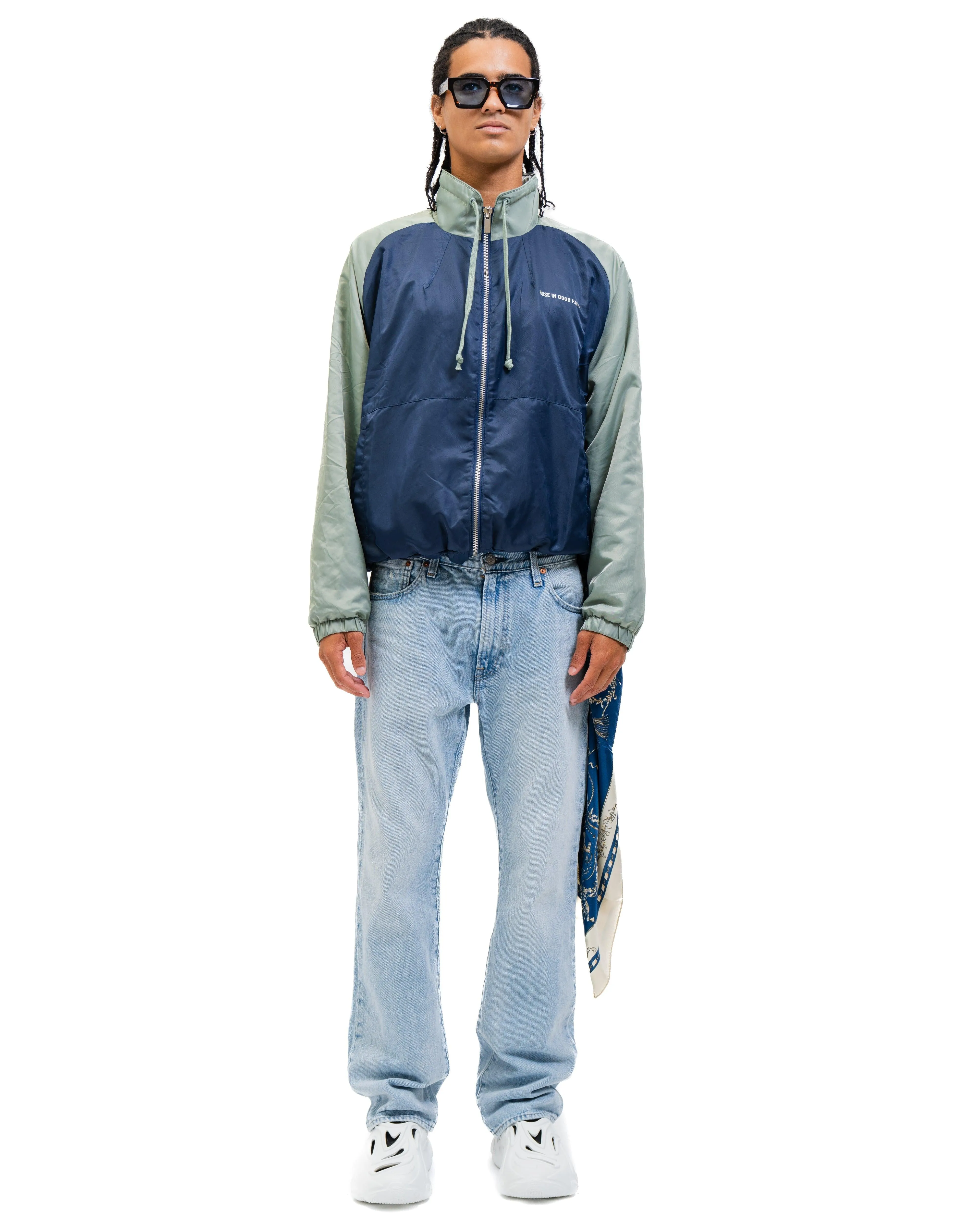 SUEDE LINED TRACK BOMBER NAVY/GREEN sold by ROSE IN GOOD FAITH