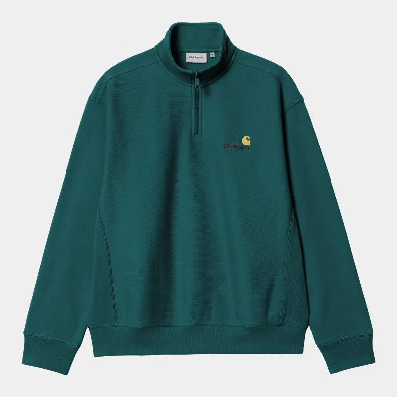 Carhartt WIP Mens Half Zip American Script Sweat Top - Malachite sold by The Foot Factory