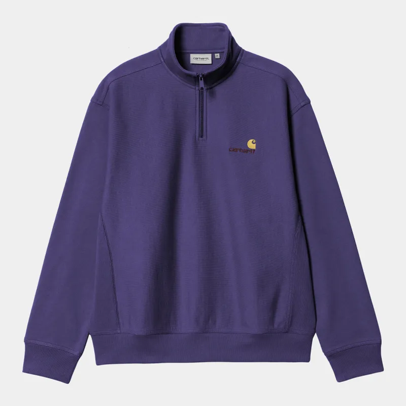 Carhartt WIP Mens Half Zip American Script Sweat Top - Aura sold by The Foot Factory
