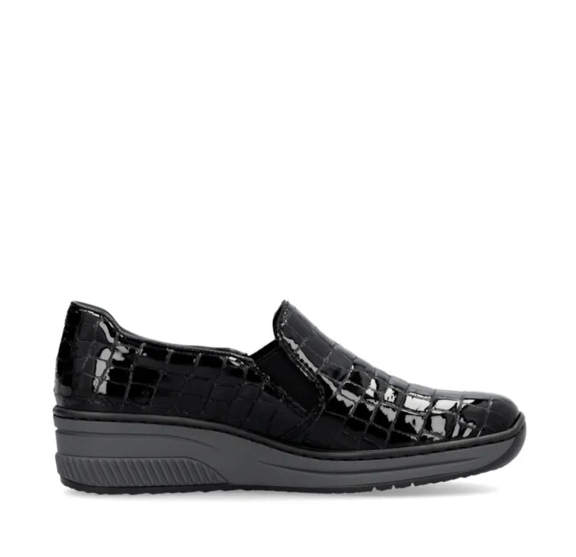 Rieker Womens Leather Wedge Loafer - Black sold by The Foot Factory