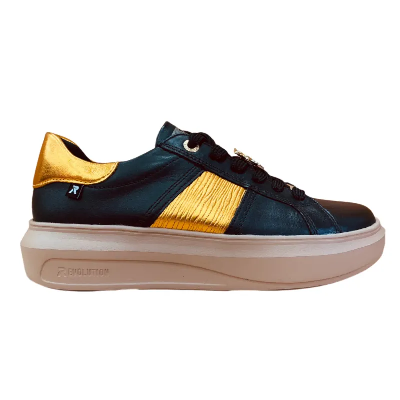 Rieker Womens Evolution Leather Trainers - Black & Gold sold by The Foot Factory