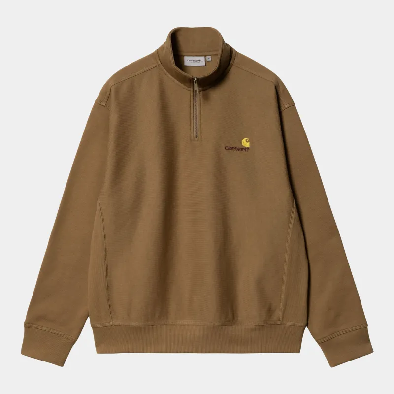 Carhartt WIP Mens Half Zip American Script Sweat Top - Hamilton Brown sold by The Foot Factory