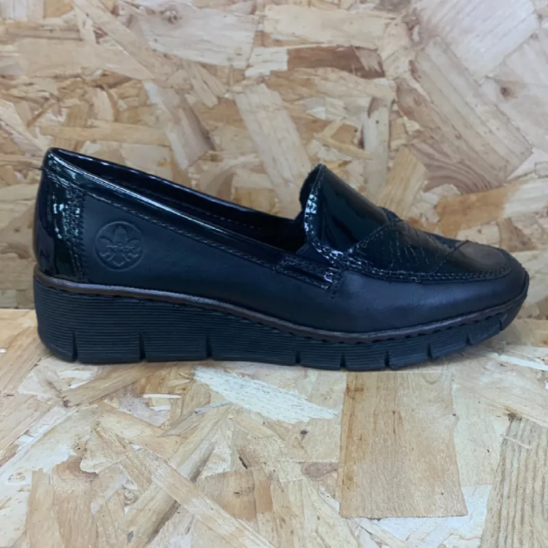 Rieker Womens Fashion Wedge Slip On Loafer  - Black sold by The Foot Factory