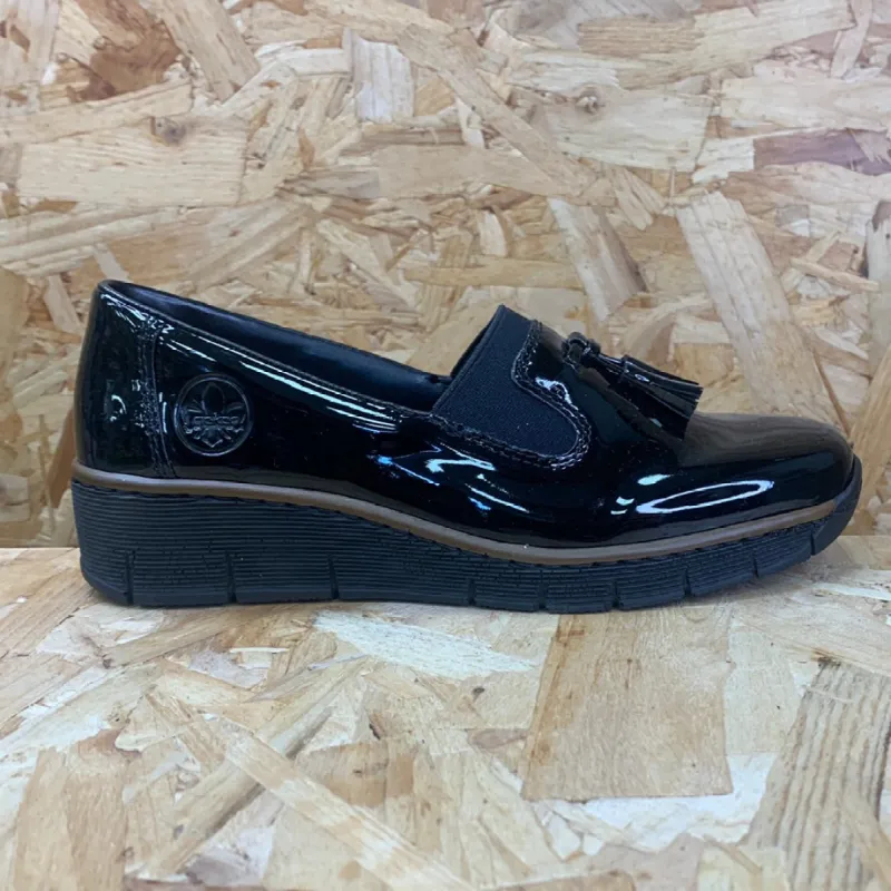 Rieker Womens Fashion Patent Wedge Loafer - Black sold by The Foot Factory