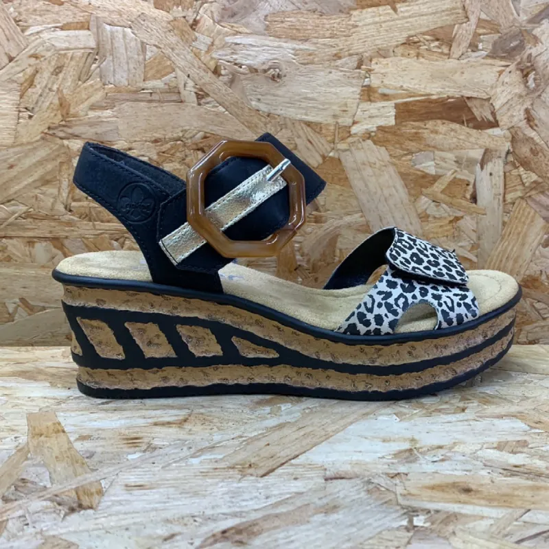 Rieker Womens Fashion Wedge Sandal - Black sold by The Foot Factory