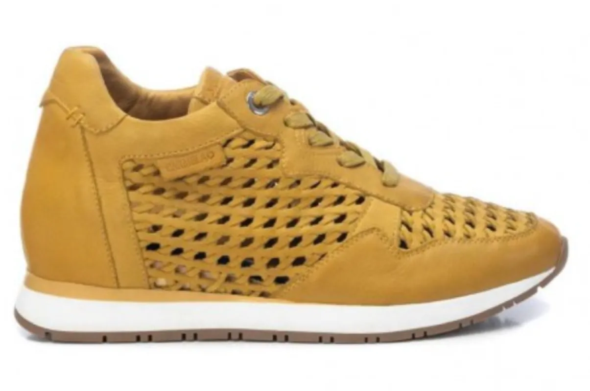 Carmela Womens Leather Laser Cut Fashion Trainer - Mustard sold by The Foot Factory