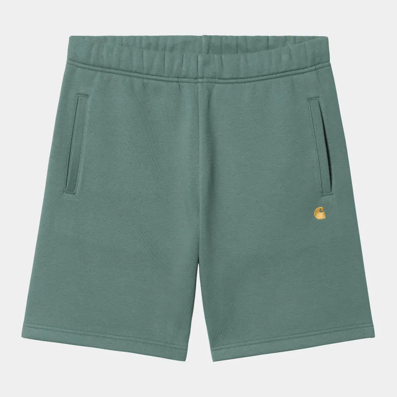 Carhartt WIP Mens Chase Sweat Shorts - Silver Pine / Gold sold by The Foot Factory