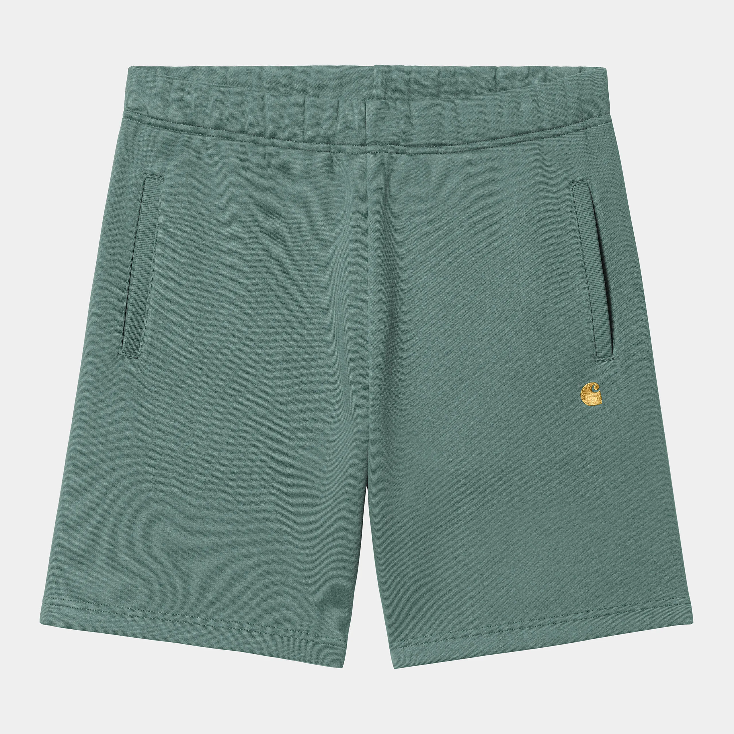 Carhartt WIP Mens Chase Sweat Shorts - Silver Pine / Gold sold by The Foot Factory