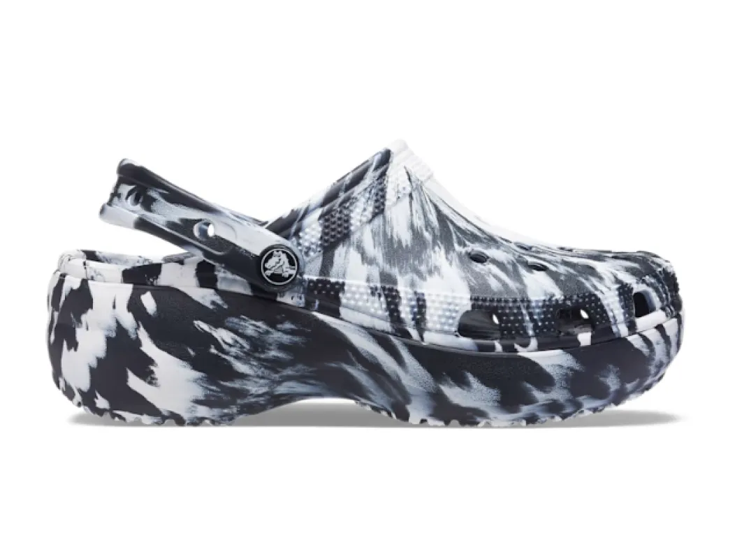 Crocs Unisex Classic Platform Marbled Clog - Black / White sold by The Foot Factory