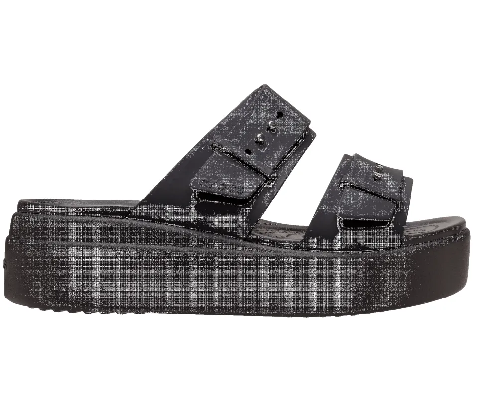 CROCS Unisex Brooklyn Buckle Low Wedge Sandal - Black sold by The Foot Factory