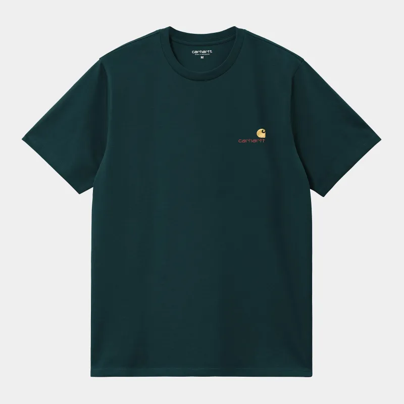 Carhartt WIP Mens Short Sleeved American Script T-Shirt | Deep Lagoon sold by The Foot Factory