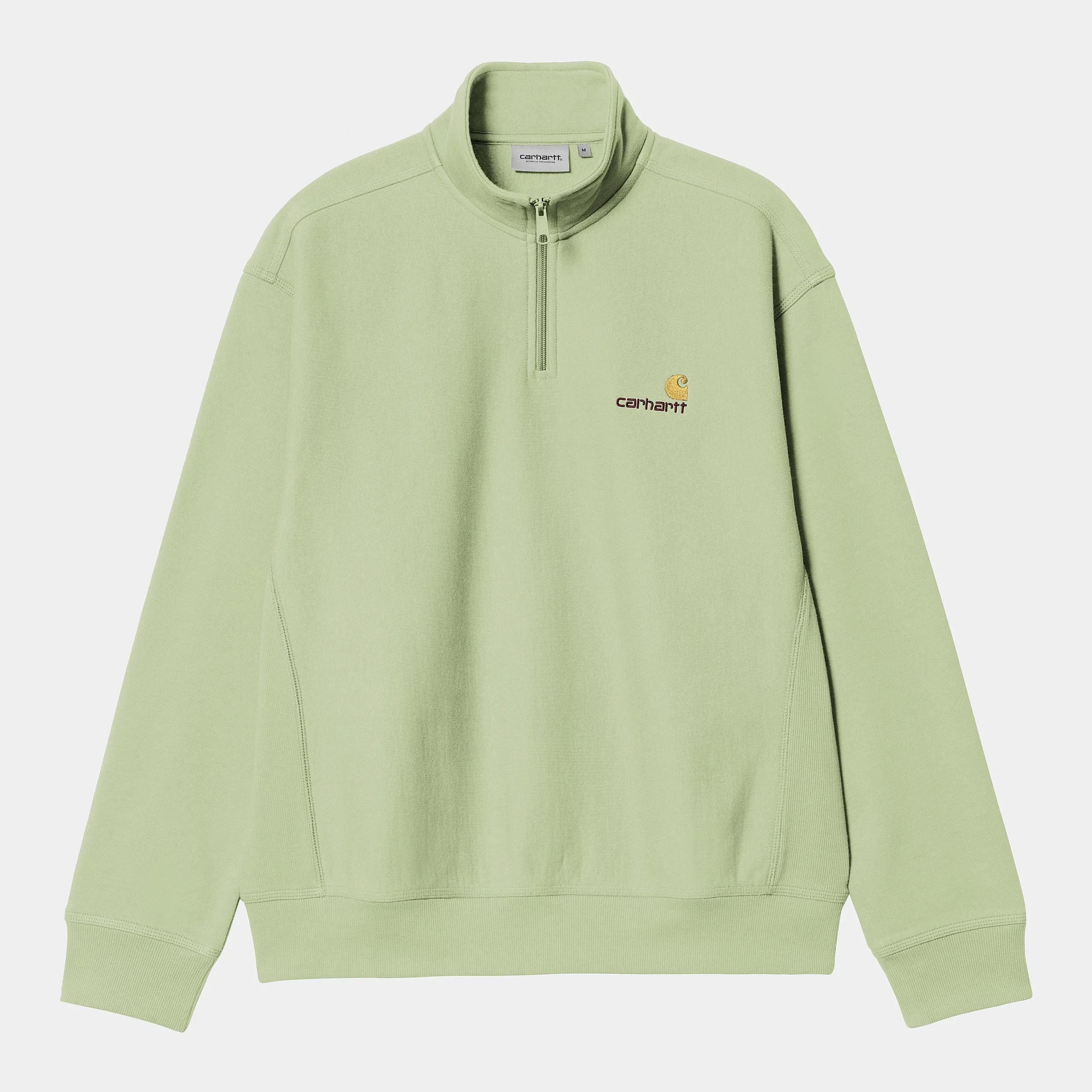 Carhartt WIP Mens Half Zip American Script Sweat Top | Pale Olive sold by The Foot Factory