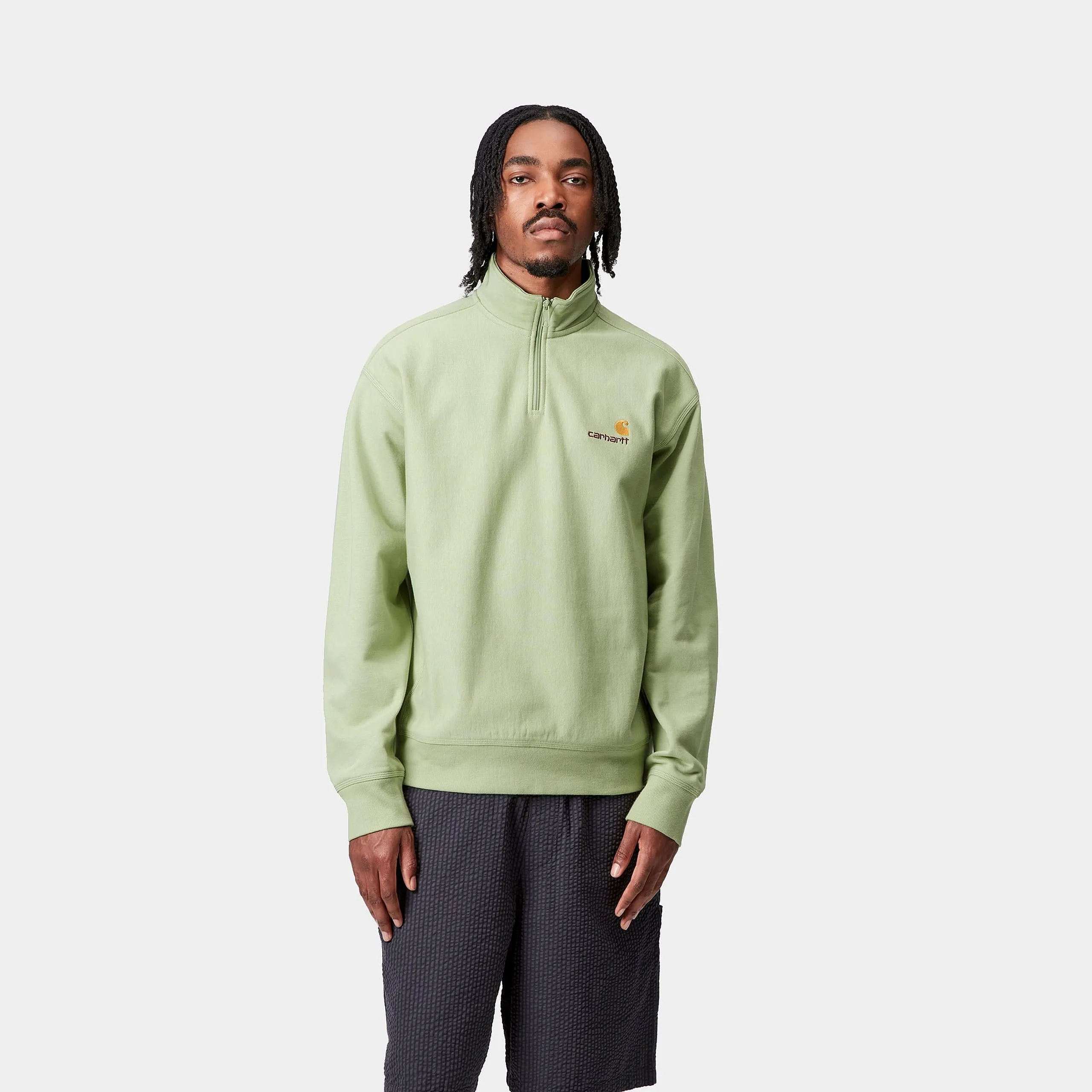 Carhartt WIP Mens Half Zip American Script Sweat Top | Pale Olive sold by The Foot Factory product image thumbnail 3