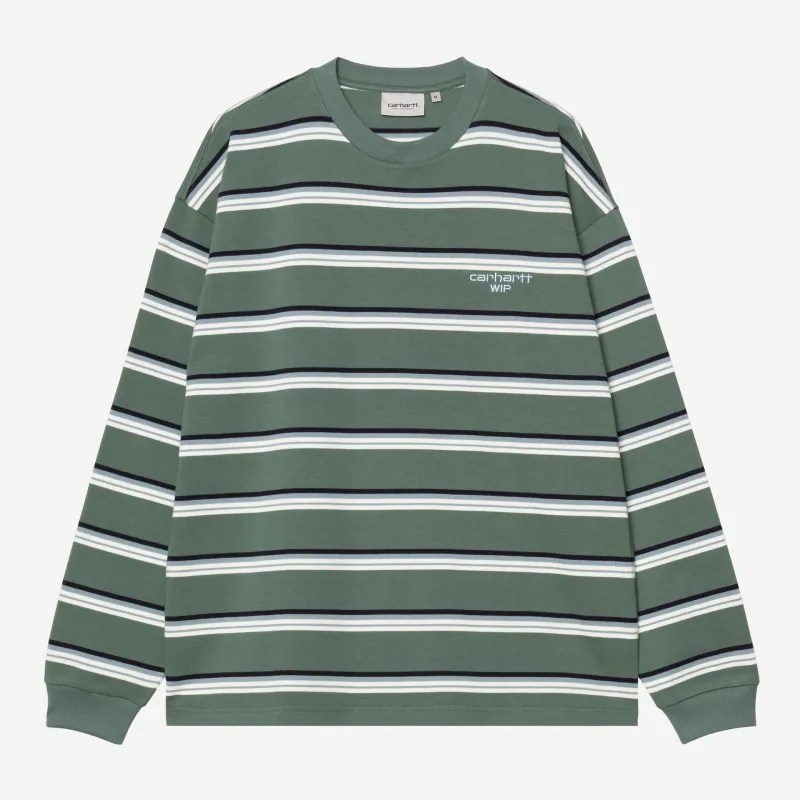 Carhartt WIP Mens Holm Stripe Long Sleeve T-Shirt | Silver Pine sold by The Foot Factory
