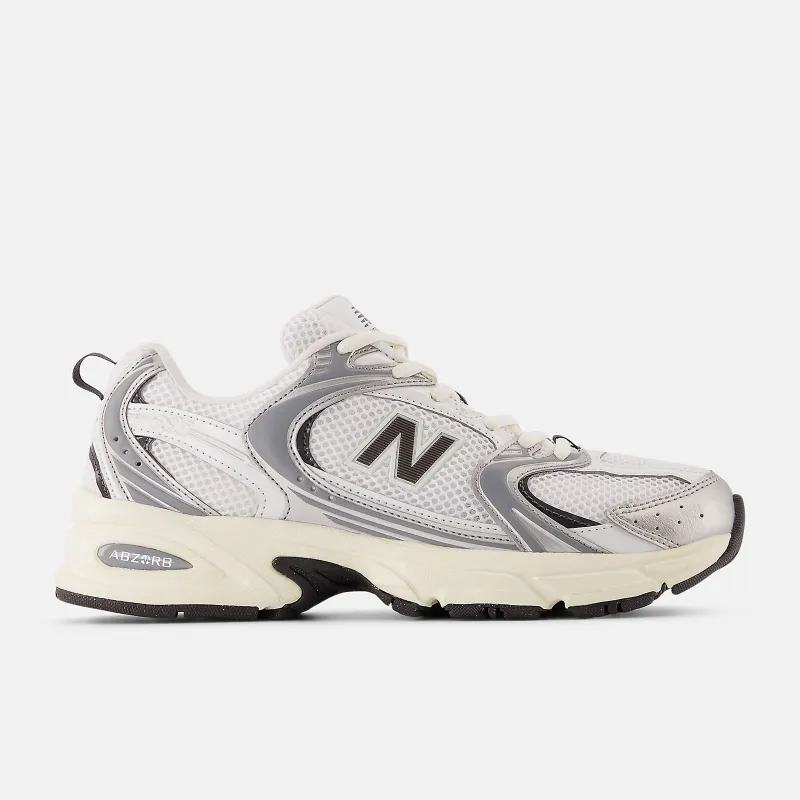 New Balance Unisex 530 Trainers | Silver Metallic / Black Cement sold by The Foot Factory