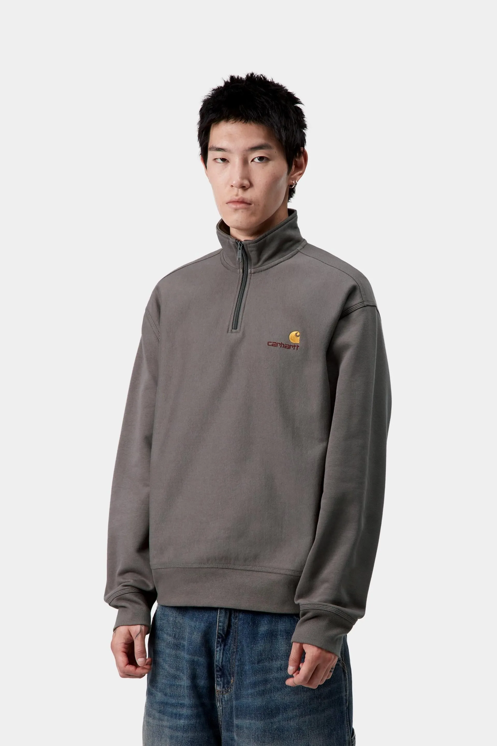 Carhartt WIP Mens Half Zip American Script Sweat Top | Porphyry sold by The Foot Factory product image thumbnail 3