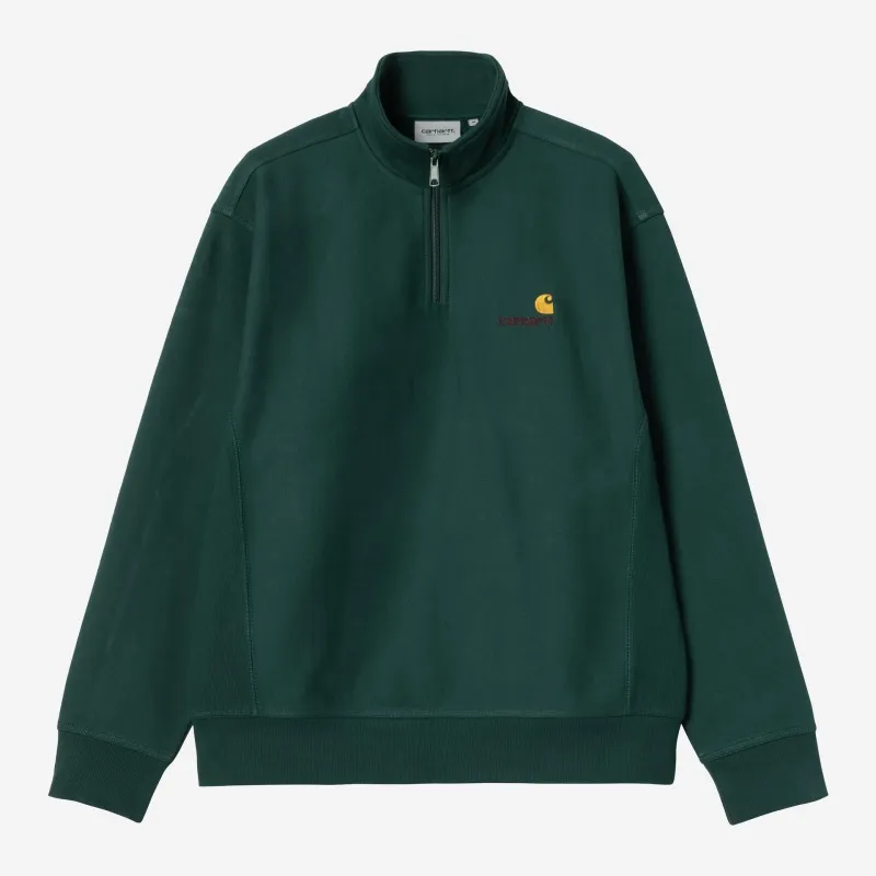 Carhartt WIP Mens Half Zip American Script Sweat Top | Dark Fir sold by The Foot Factory
