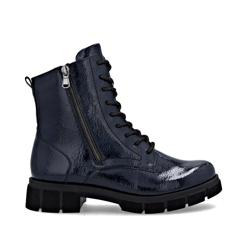 Remonte Womens Fashion Fleece Lined Patent Ankle Boot | Blue sold by The Foot Factory