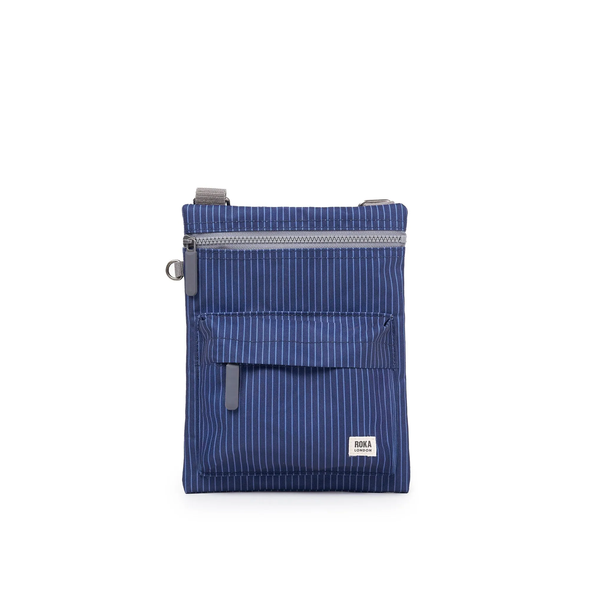 ROKA Chelsea B Dark Denim Pinstripe Recycled Nylon Bag sold by The Foot Factory