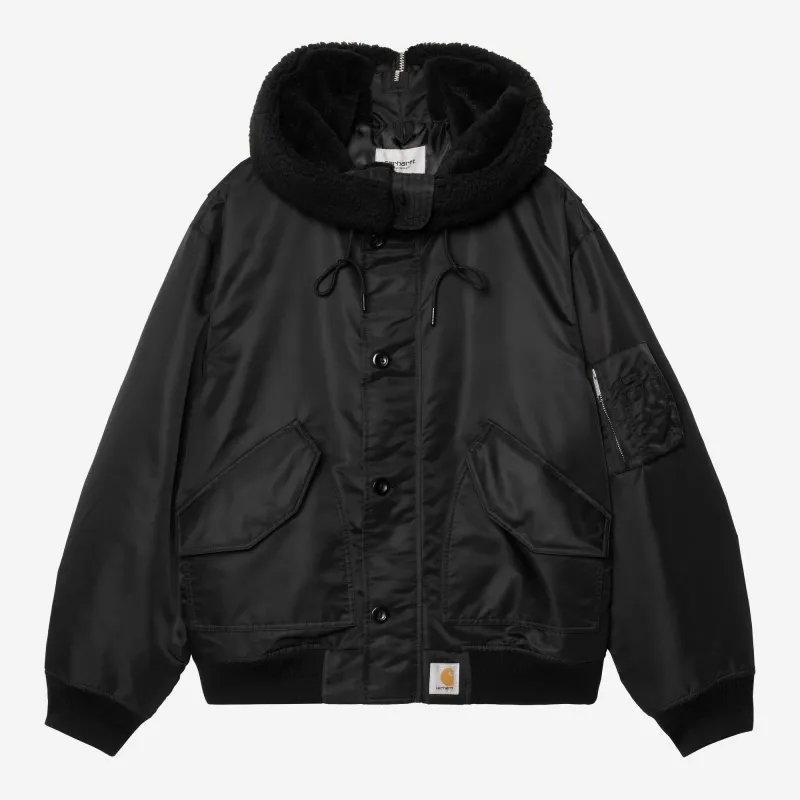 Carhartt WIP Mens Oltera Bomber Hooded Jacket | Black / Black sold by The Foot Factory