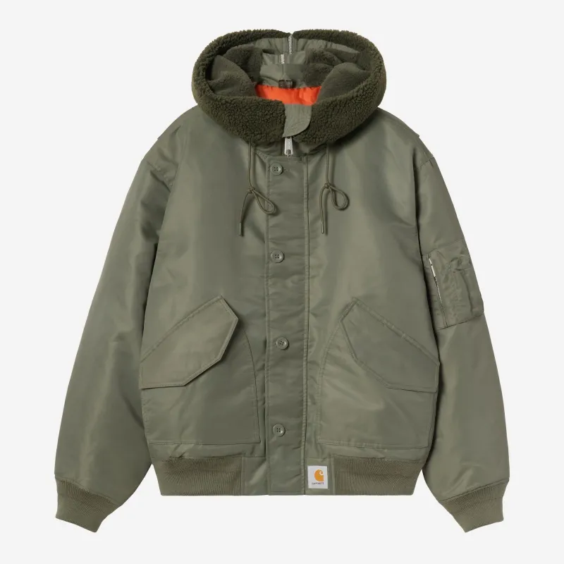 Carhartt WIP Mens Oltera Bomber Hooded Jacket | Cypress / Persimmon sold by The Foot Factory