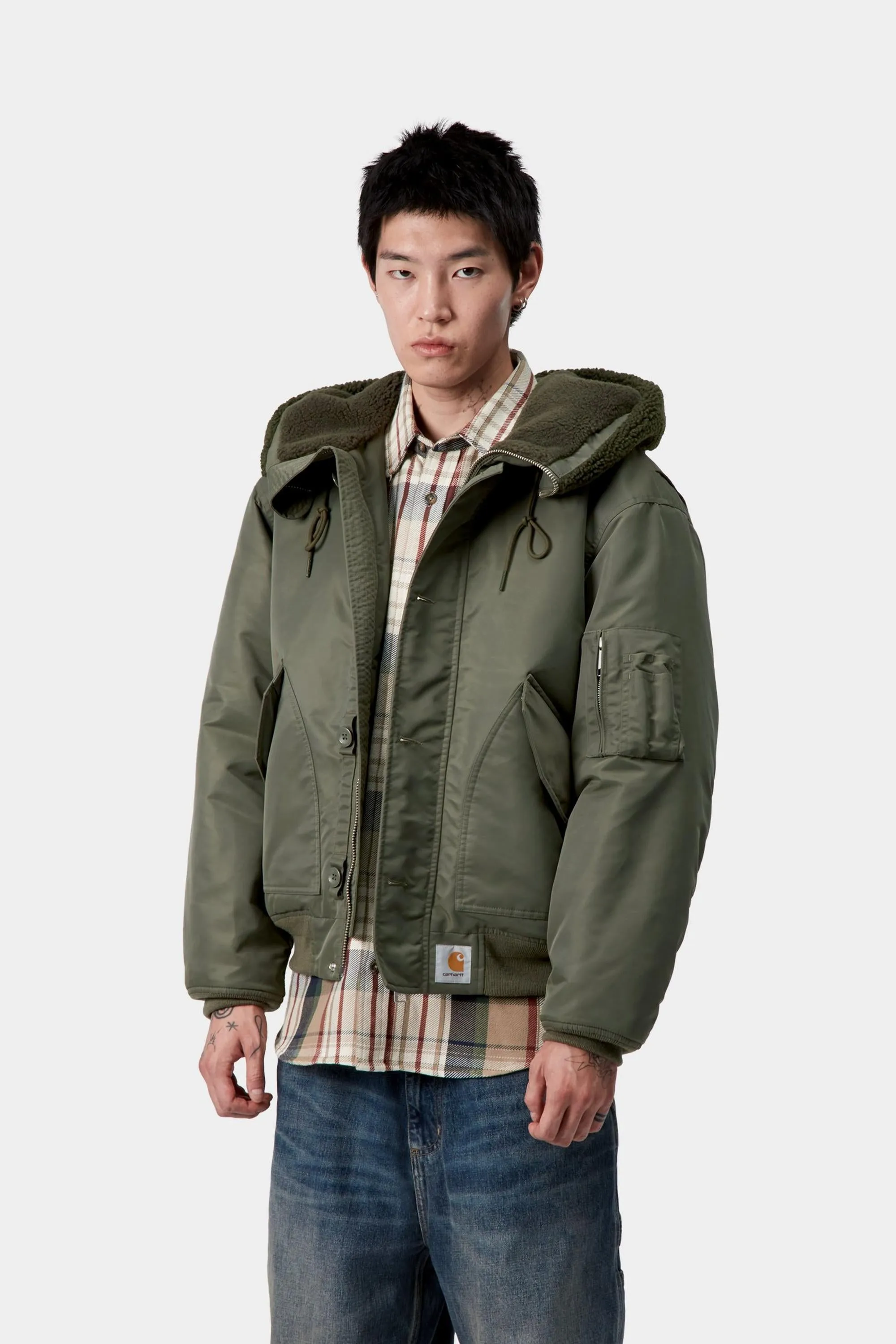 Carhartt WIP Mens Oltera Bomber Hooded Jacket | Cypress / Persimmon sold by The Foot Factory product image thumbnail 4