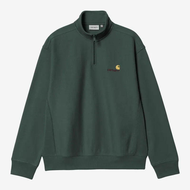 Carhartt WIP Mens Half Zip American Script Sweat Top | Kale Green sold by The Foot Factory